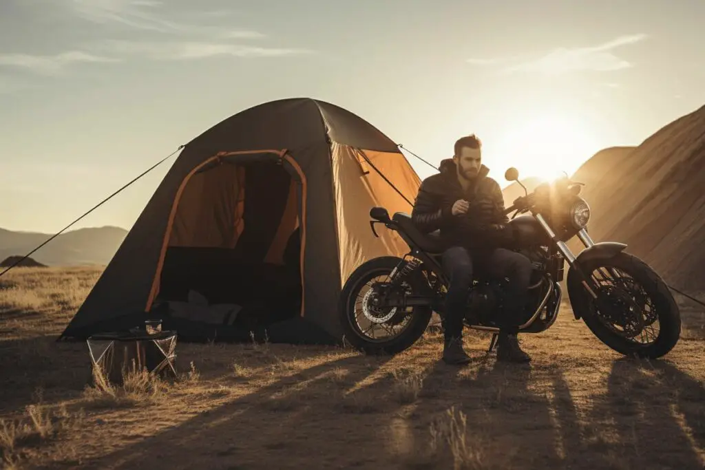 biker-next-to-his-motorcycle-camping-tent