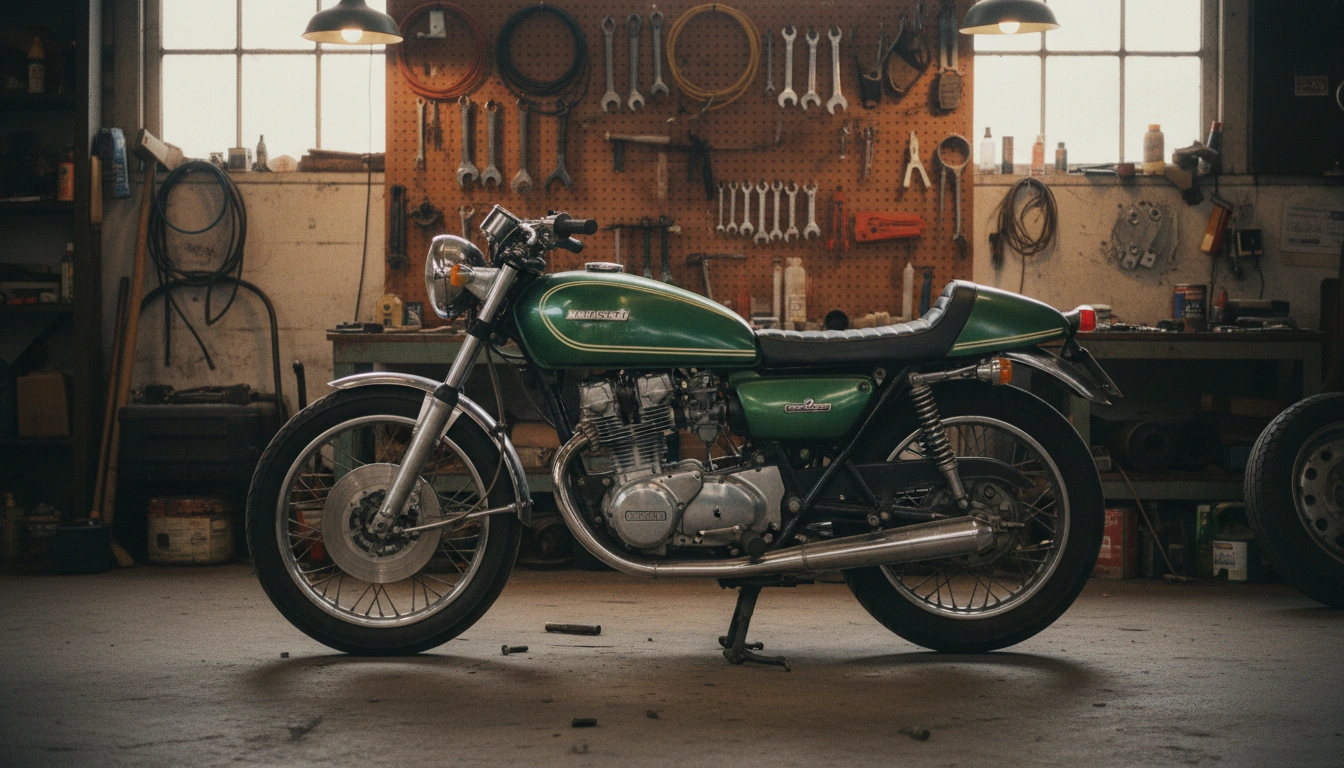 Kawasaki KZ400 cafe racer build - workshop profile shot