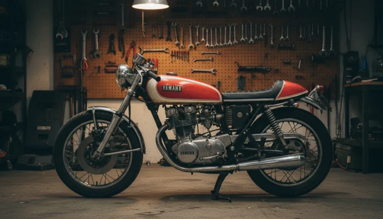 Yamaha XS650 cafe racer build - workshop profile shot