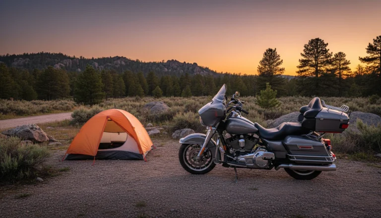Harley-Davidson Road Glide Ultra parked beside motorcycle camping tent at Black Hills campsite