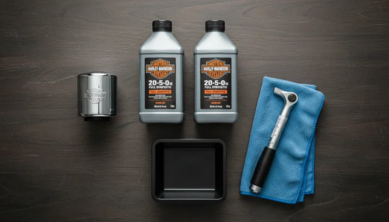 Harley-Davidson oil change supplies - 20W-50 quarts, oil filter, drain pan, torque wrench