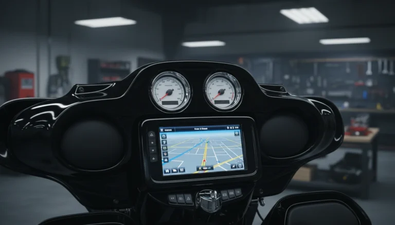 Aftermarket stereo head unit installed in Harley Davidson Street Glide fairing