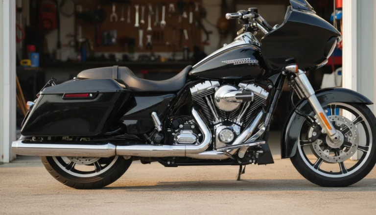 Black Harley Road Glide bagger with chrome 2-into-1 single megaphone exhaust