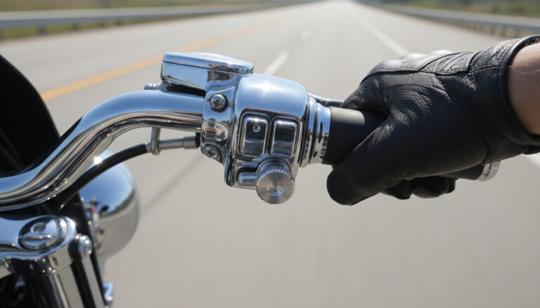 Harley-Davidson handlebar close-up with throttle lock installed, gloved hand on grip, highway background