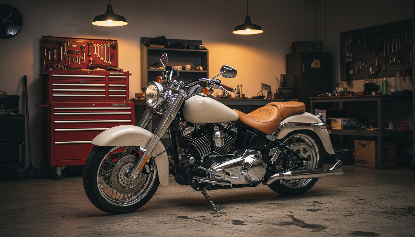 Best seat for Heritage Softail Classic FLSTC - premium aftermarket touring seat installed on Harley-Davidson in workshop