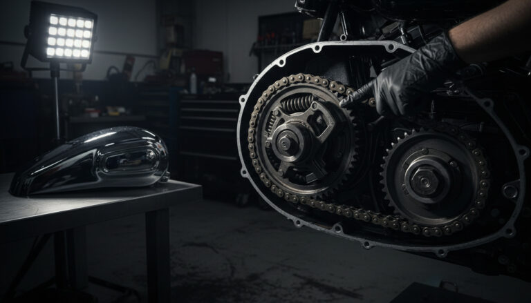 Harley-Davidson primary chaincase exposed showing compensating sprocket and primary chain with mechanic hand pointing at the compensator