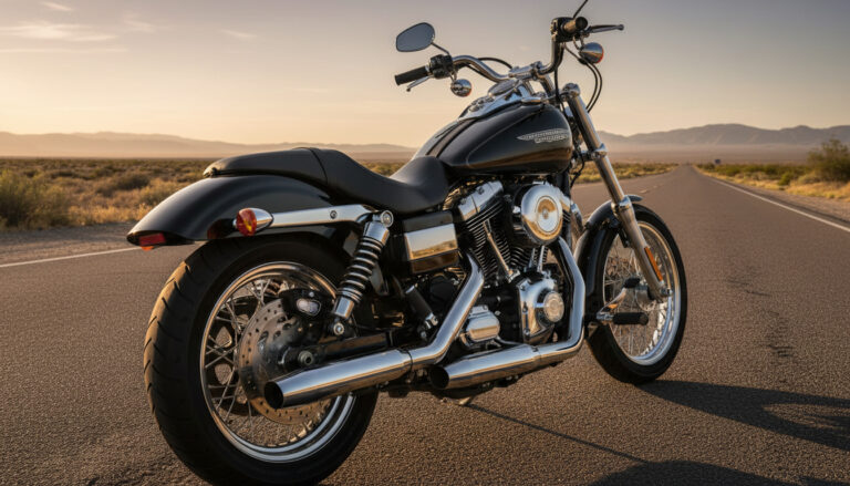 Harley-Davidson Dyna Street Bob with exposed dual rear shocks and Twin Cam engine on open highway