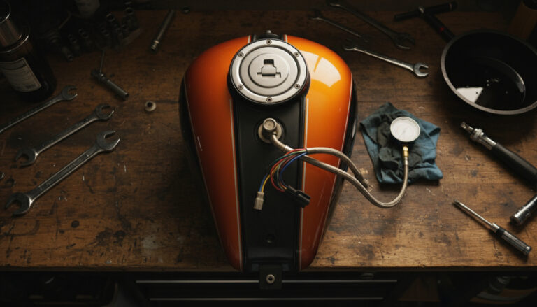 Harley-Davidson EFI fuel pump module on workbench with pressure gauge and tools