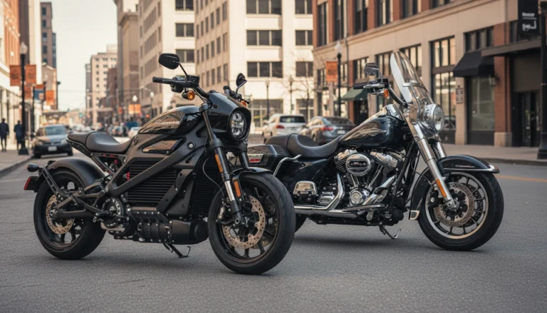 LiveWire electric motorcycle beside a Harley-Davidson V-twin cruiser in an urban setting