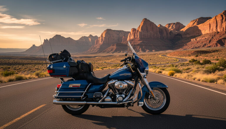 Harley-Davidson Electra Glide touring motorcycle loaded for long distance on a scenic open highway