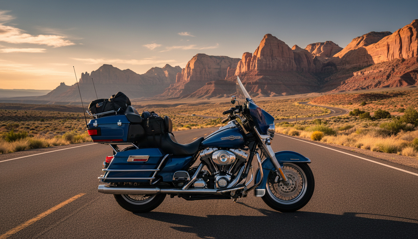 Harley-Davidson Electra Glide touring motorcycle loaded for long distance on a scenic open highway