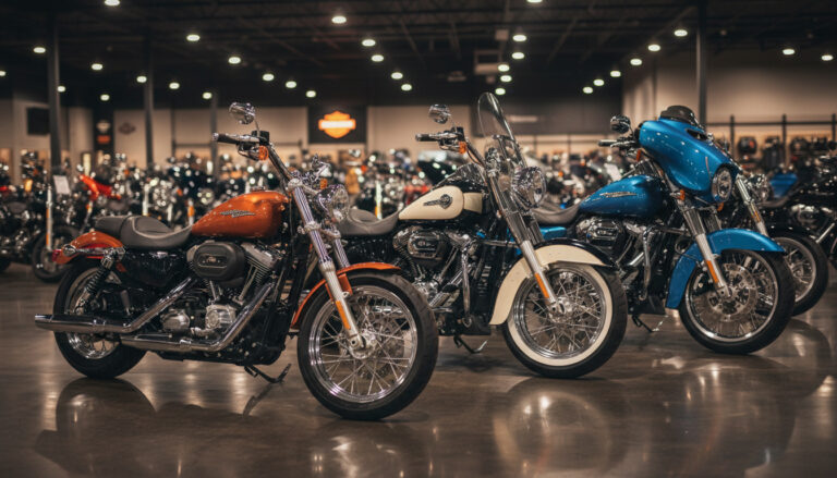 Multiple Harley-Davidson models in a dealership showroom for comparison - Sportster, Softail Heritage, and bagger