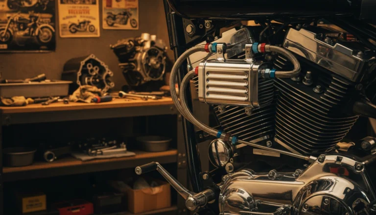 Harley-Davidson oil cooler mounted on Twin Cam engine downtubes