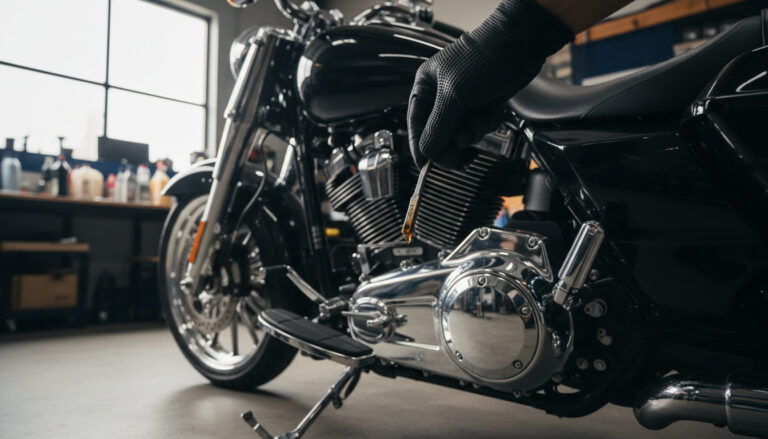 Mechanic checking Harley-Davidson engine oil dipstick in garage workshop
