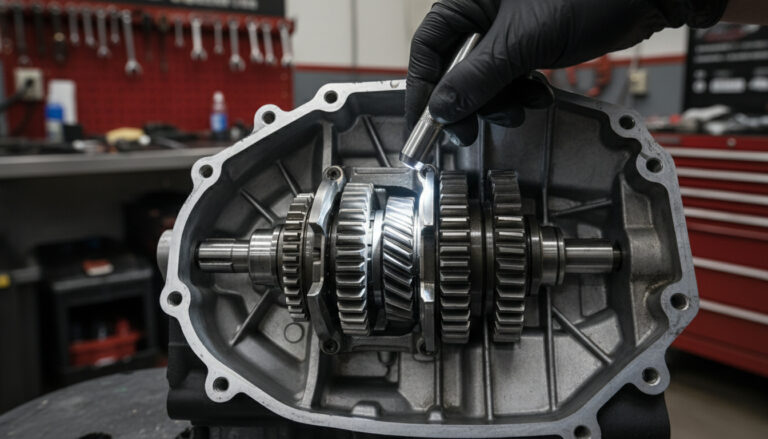 Harley-Davidson 6-speed transmission internals exposed showing gear cluster, shift drum and shift forks in a professional workshop