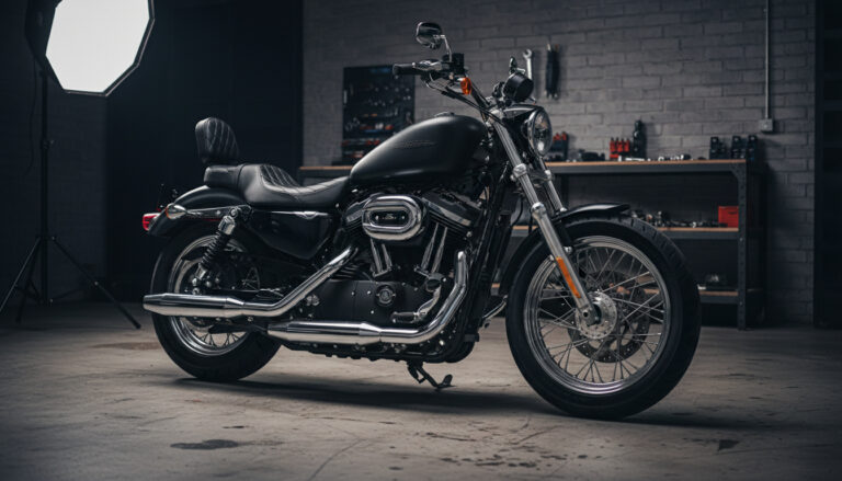 Harley-Davidson Sportster Iron 883 with aftermarket comfort seat in workshop setting