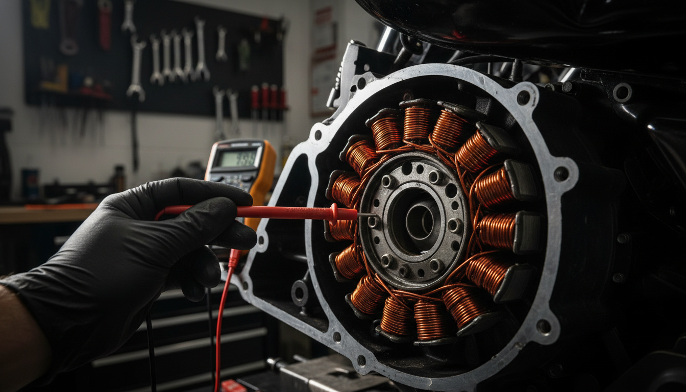 Harley Davidson Stator Problems: Symptoms, Tests & Fix (2026) 1 Harley-Davidson stator with copper coil windings exposed, mechanic testing with multimeter probe