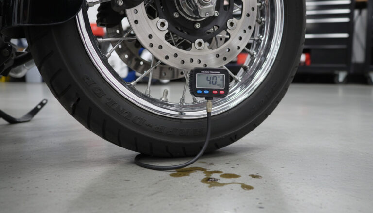 Digital tire pressure gauge attached to Harley-Davidson Touring motorcycle valve stem showing 40 PSI reading in garage