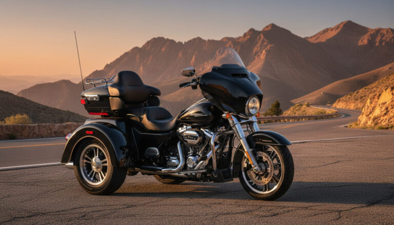Harley-Davidson Tri Glide Ultra trike parked on mountain road at golden hour