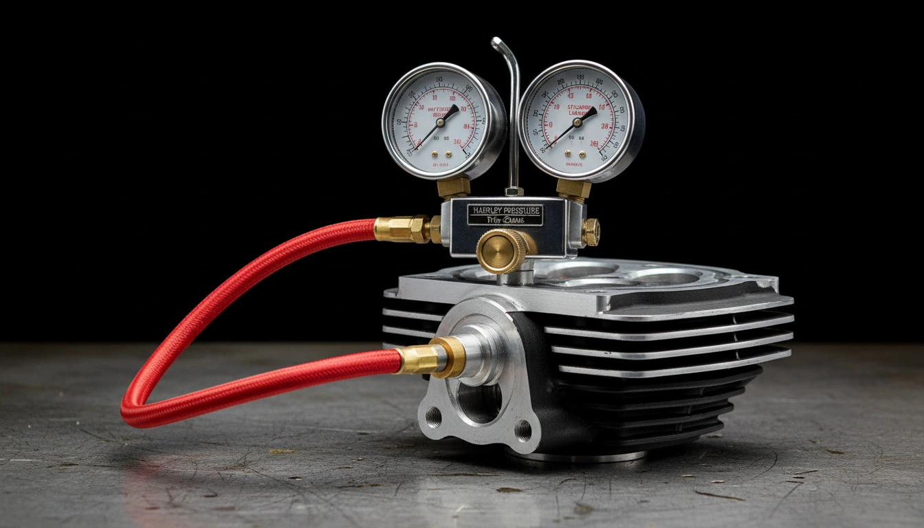Dual gauge cylinder leak-down tester on Harley Twin Cam engine - workshop diagnostic tool