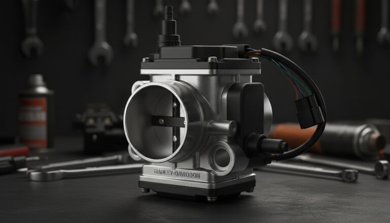 Harley-Davidson EFI throttle body on workshop bench - how to adjust idle on fuel injected Harley