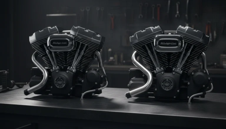 Harley-Davidson Milwaukee-Eight 107 vs 114 vs 117 engine comparison on workshop bench