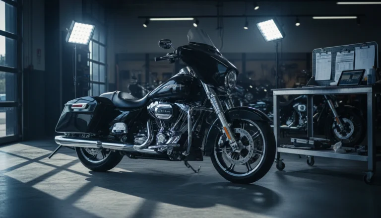 Harley-Davidson touring motorcycle under inspection in a dealership service workshop
