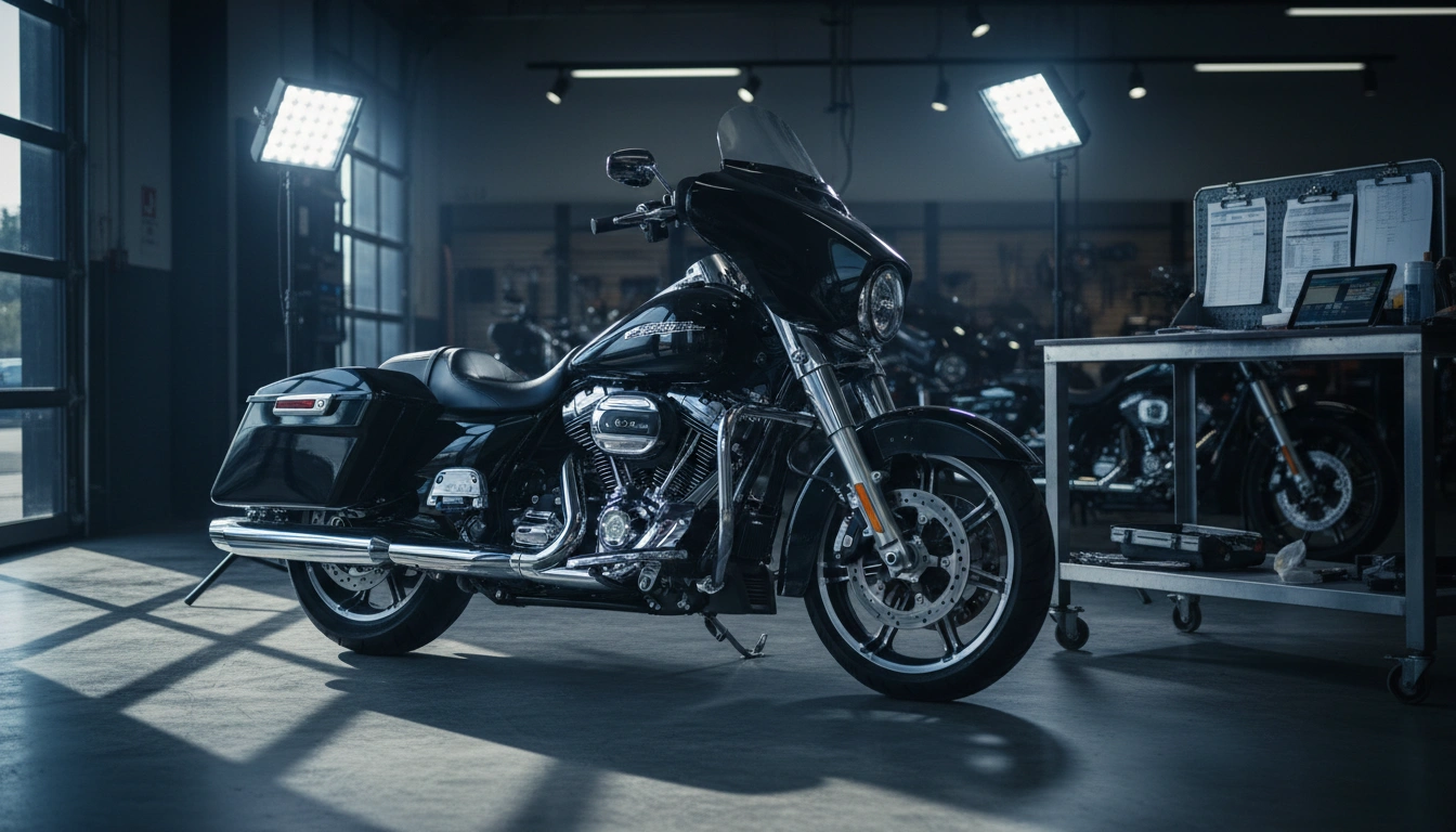 Harley-Davidson touring motorcycle under inspection in a dealership service workshop