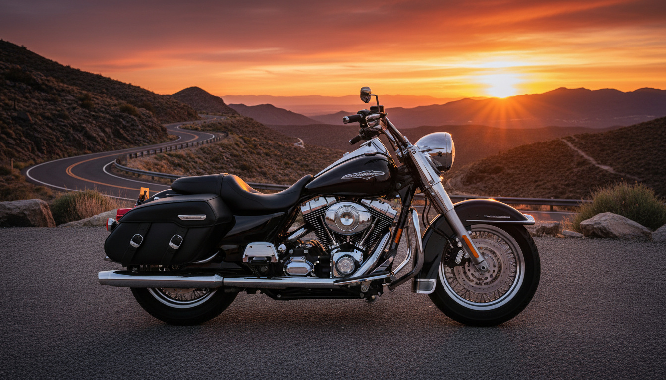 Black Harley-Davidson Road King motorcycle parked at sunset overlook on mountain road