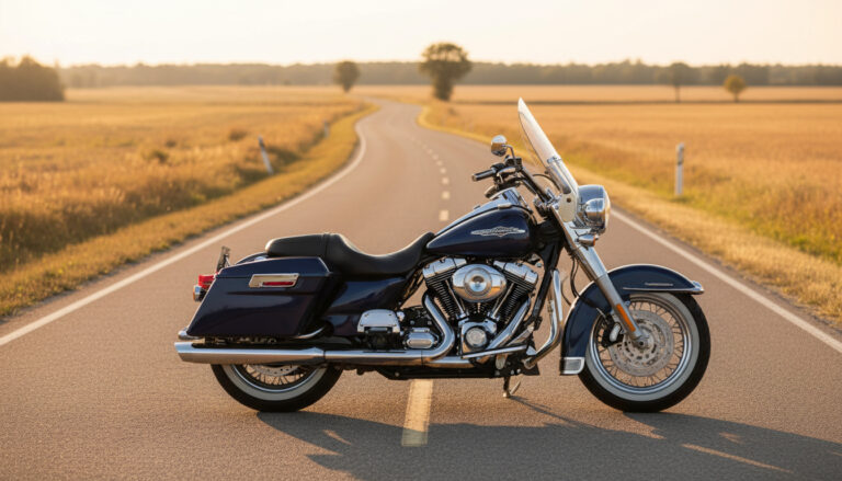 Harley-Davidson Road King with Twin Cam engine parked on country road at golden hour