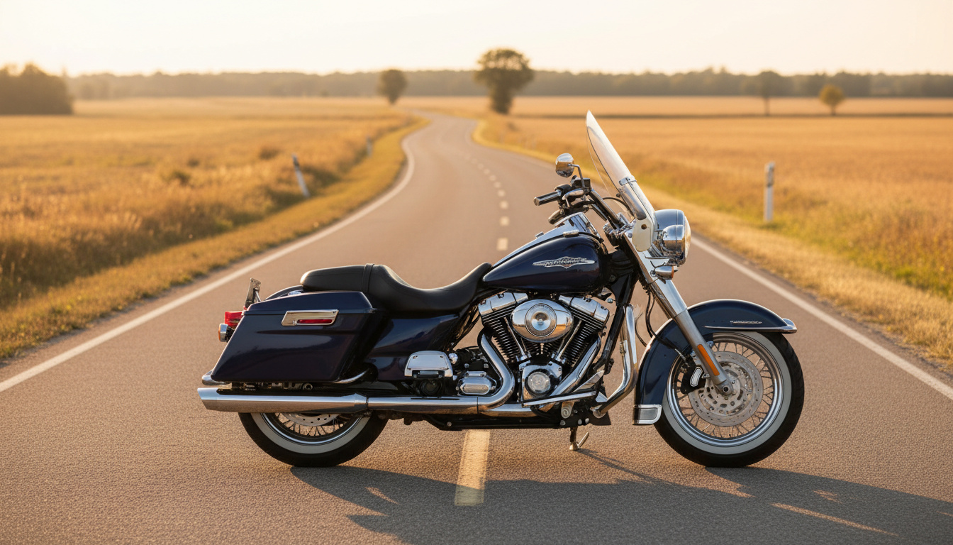Harley-Davidson Road King with Twin Cam engine parked on country road at golden hour
