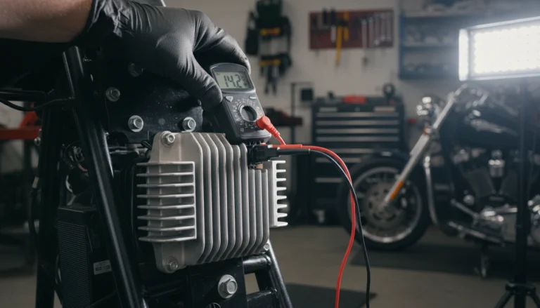 Harley-Davidson voltage regulator with multimeter showing 14.2V charging voltage