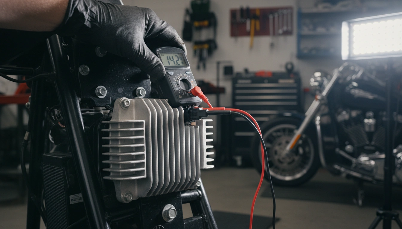Harley-Davidson voltage regulator with multimeter showing 14.2V charging voltage