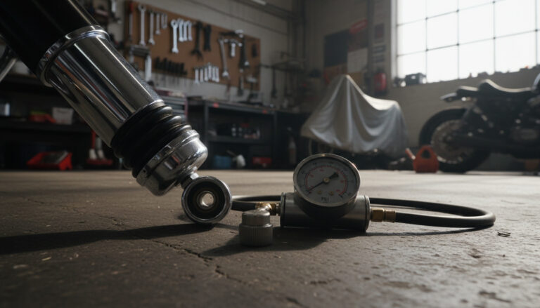 How to adjust air shocks on Harley-Davidson - workshop setup with shock absorber and pressure gauge pump