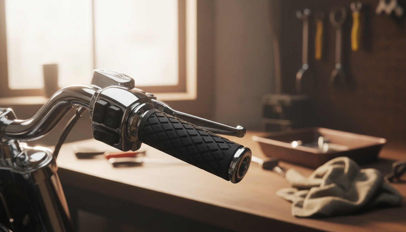 How to change grips on a Harley-Davidson - handlebar with new grips in workshop