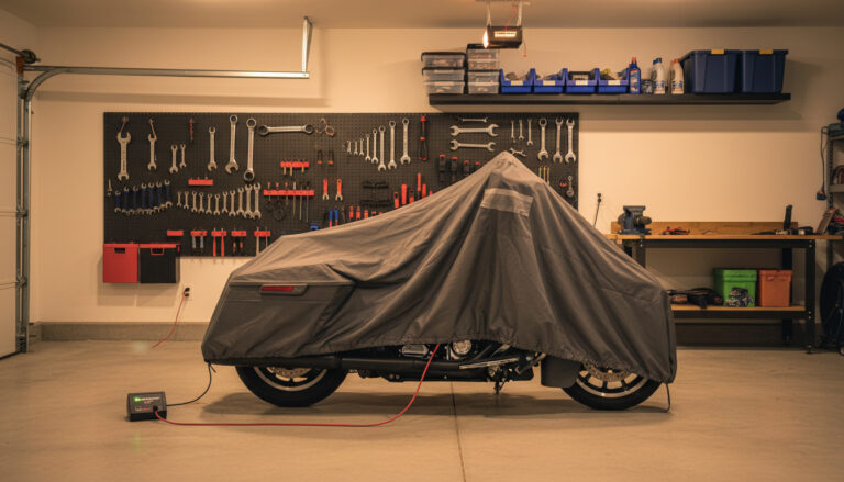 Harley-Davidson stored for winter in a garage with a cover and battery tender connected