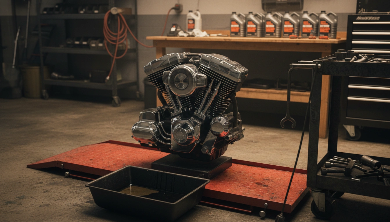 Is Harley-Davidson Maintenance Expensive? (2026 Real Cost Guide) 1 Harley-Davidson V-twin engine on service stand in workshop with oil and tools