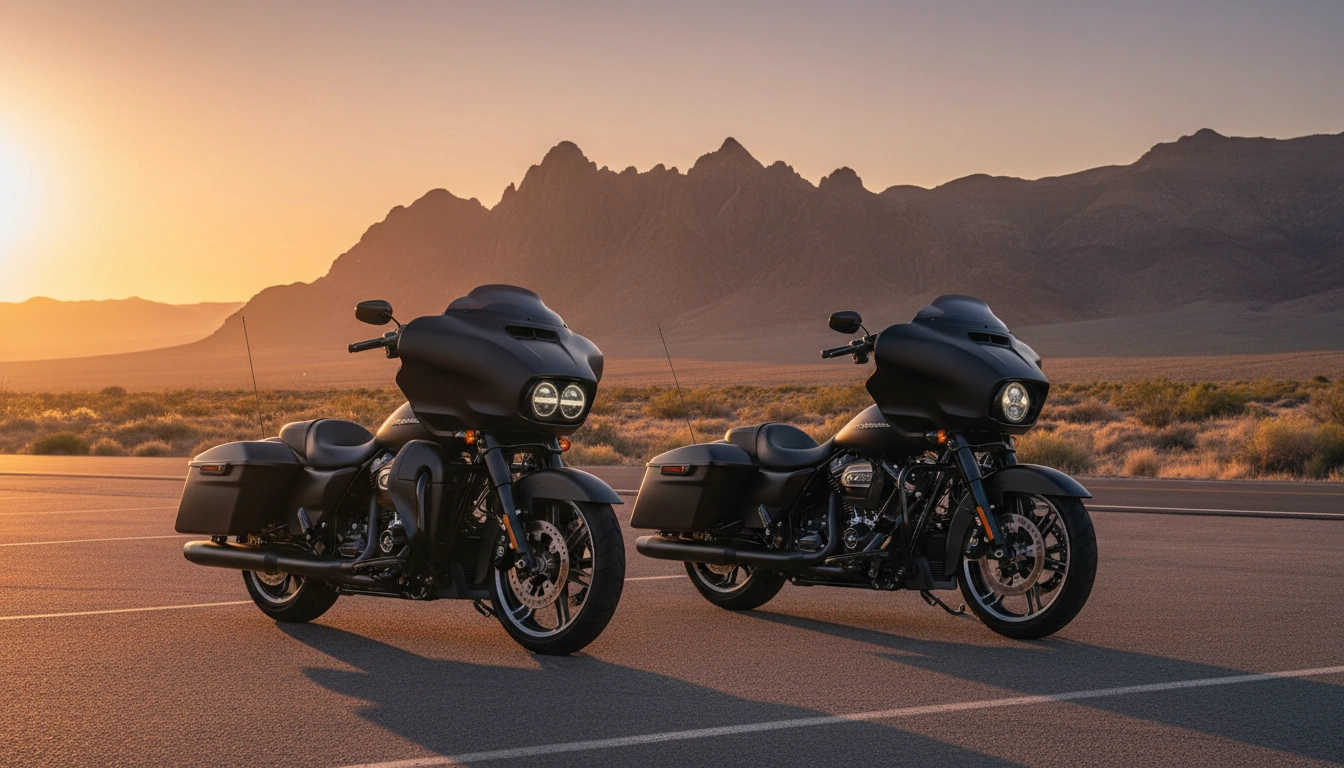 Road Glide vs Street Glide 2026 motorcycles parked side by side at desert highway