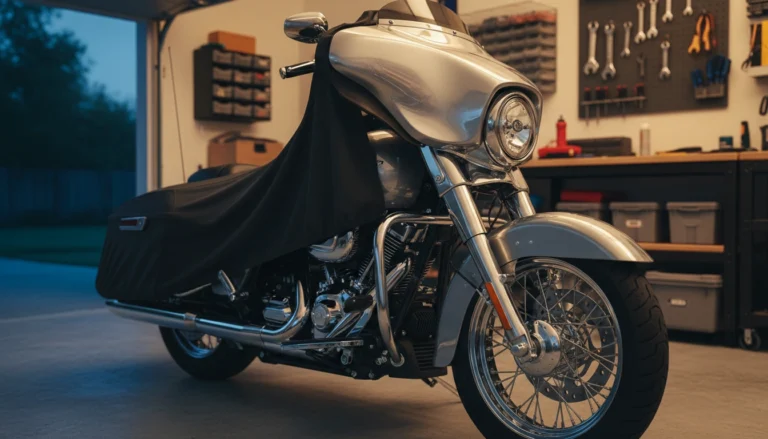Harley-Davidson Street Glide touring motorcycle half-covered with a black motorcycle cover in a home garage