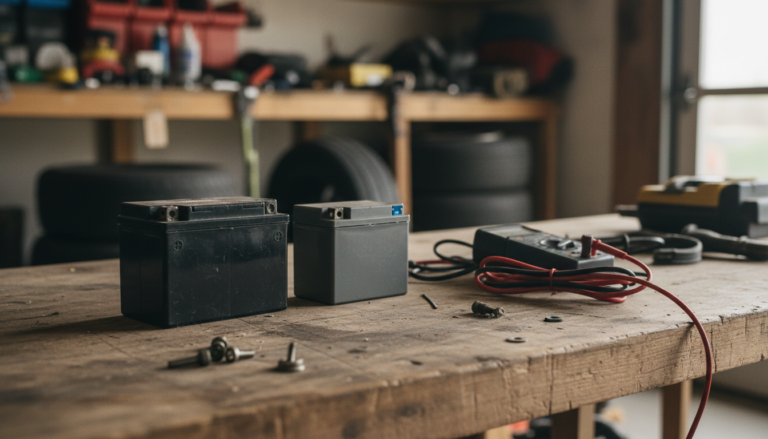 AGM and lithium motorcycle batteries side by side on a workbench with a multimeter