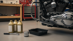 Harley-Davidson oil change kit laid out on a garage floor with drain pan, chrome oil filter and 20W50 oil bottles