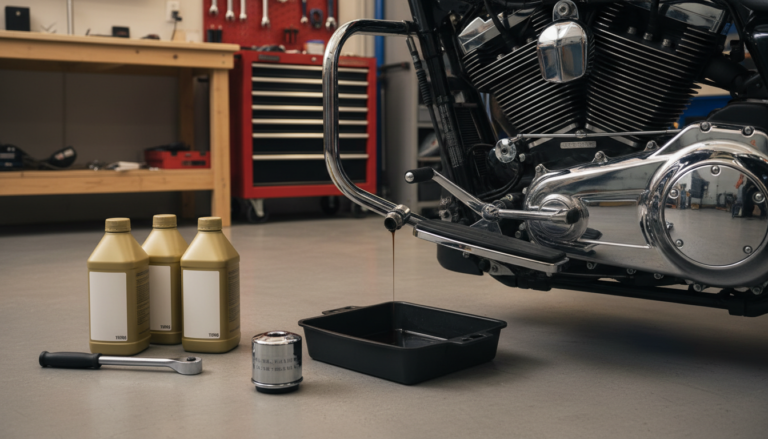 Harley-Davidson oil change kit laid out on a garage floor with drain pan, chrome oil filter and 20W50 oil bottles