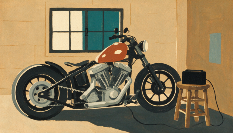 Painted illustration of a Harley-Davidson in a garage with a battery charger on a stool and its cable running to the bike