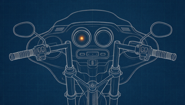 Blueprint drawing of a Harley-Davidson touring dashboard with the amber check engine warning lamp lit