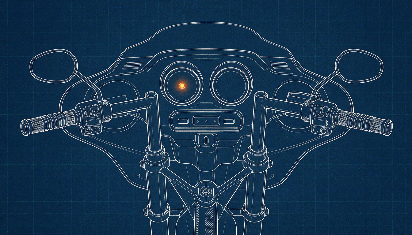Blueprint drawing of a Harley-Davidson touring dashboard with the amber check engine warning lamp lit