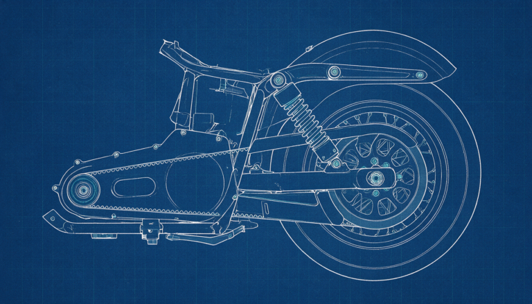 Blueprint drawing of a Harley-Davidson Dyna rear end with the coil-over shock absorber and the toothed belt final drive