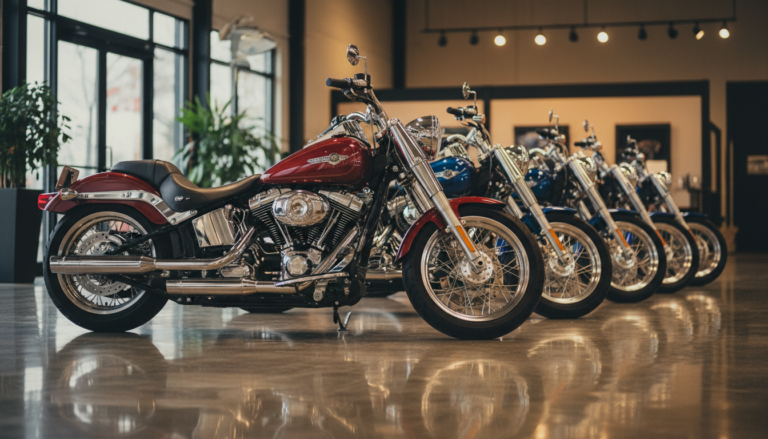 Row of Harley-Davidson cruisers parked side by side on a dealership showroom floor