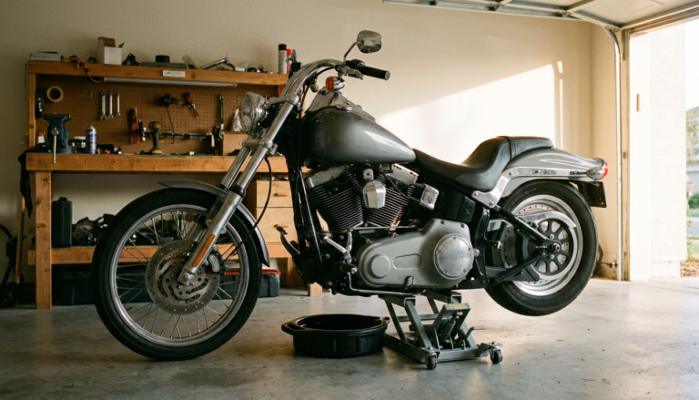 Harley-Davidson Softail raised on a scissor jack with an oil drain pan underneath in a home garage