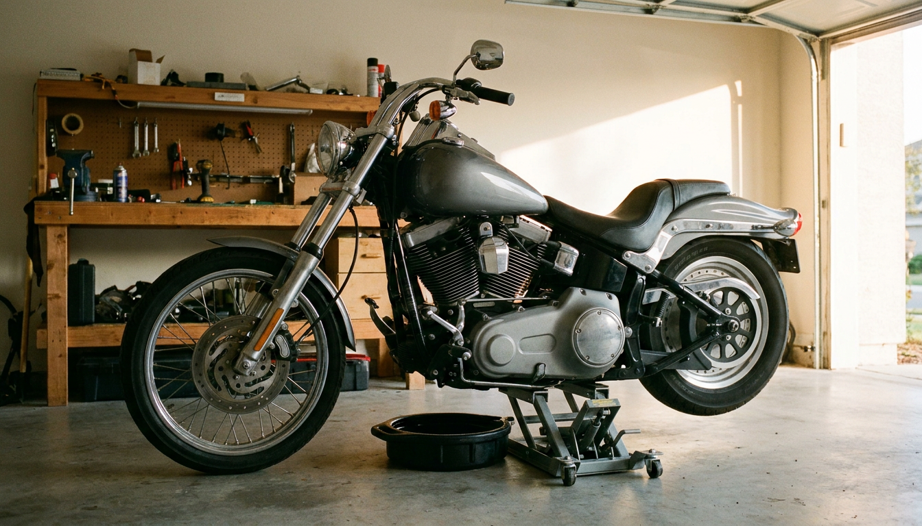 Harley-Davidson Softail raised on a scissor jack with an oil drain pan underneath in a home garage