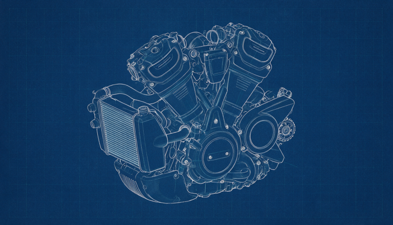 Blueprint drawing of a liquid-cooled Harley-Davidson Revolution Max engine showing the front radiator and finless cylinders